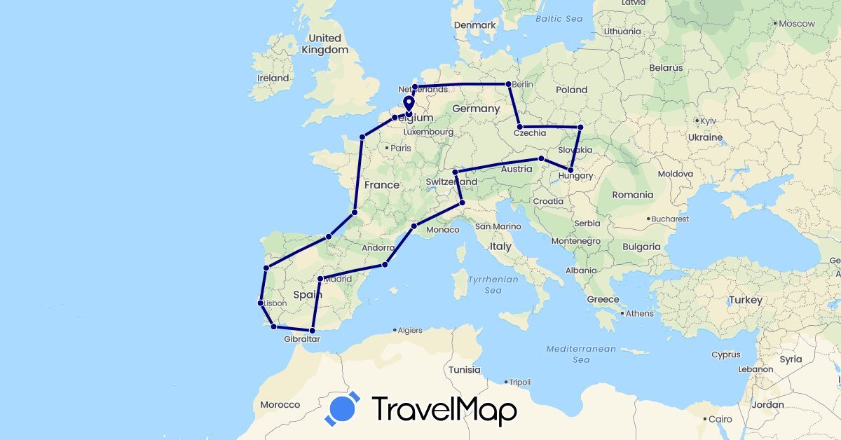 TravelMap itinerary: driving in Austria, Belgium, Switzerland, Czech Republic, Germany, Spain, France, Hungary, Italy, Netherlands, Poland, Portugal (Europe)